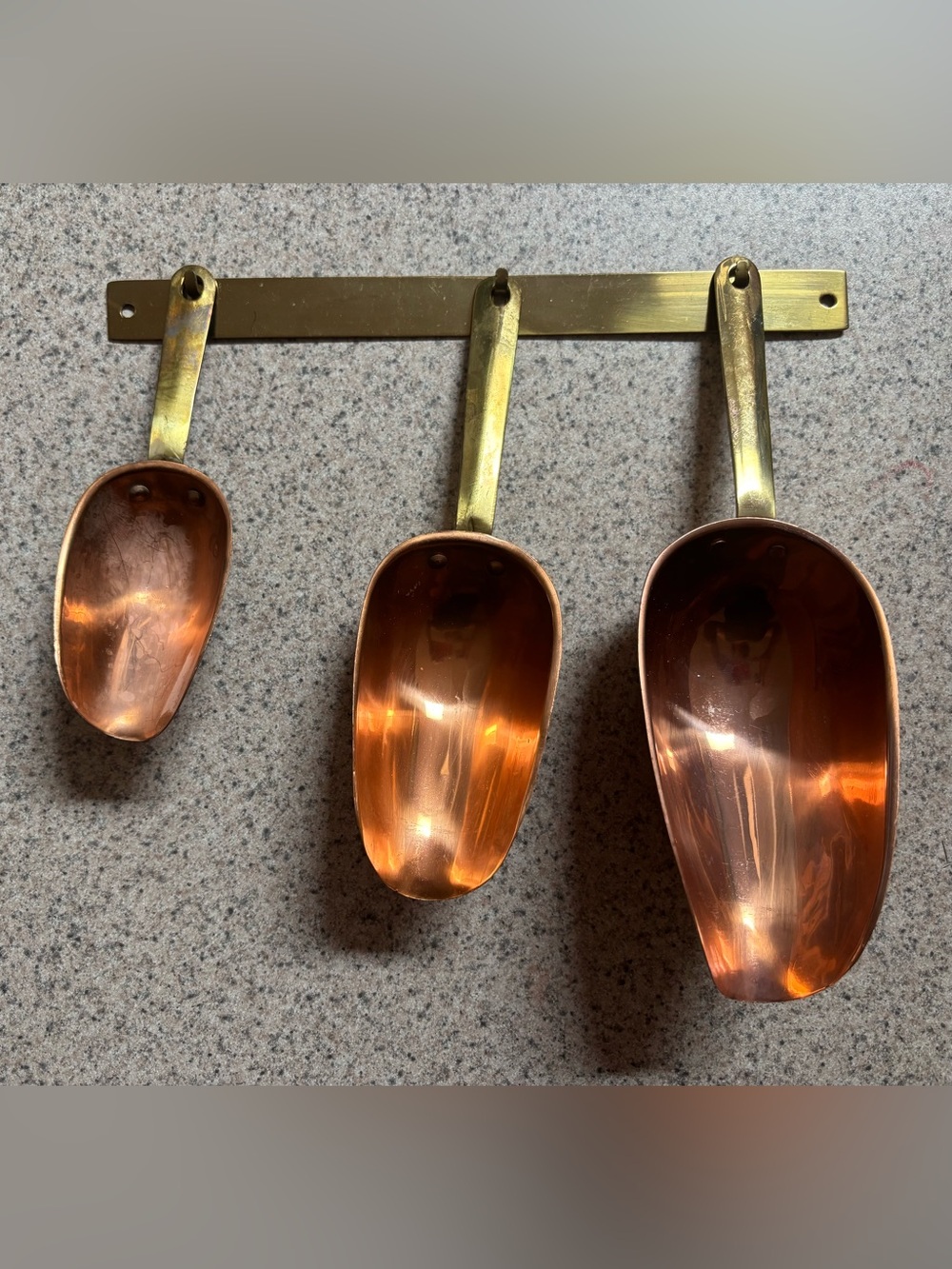 Vintage ODI Korea Solid Copper/Brass Measuring Scoops Set Of 3 2oz 3oz 7oz Used